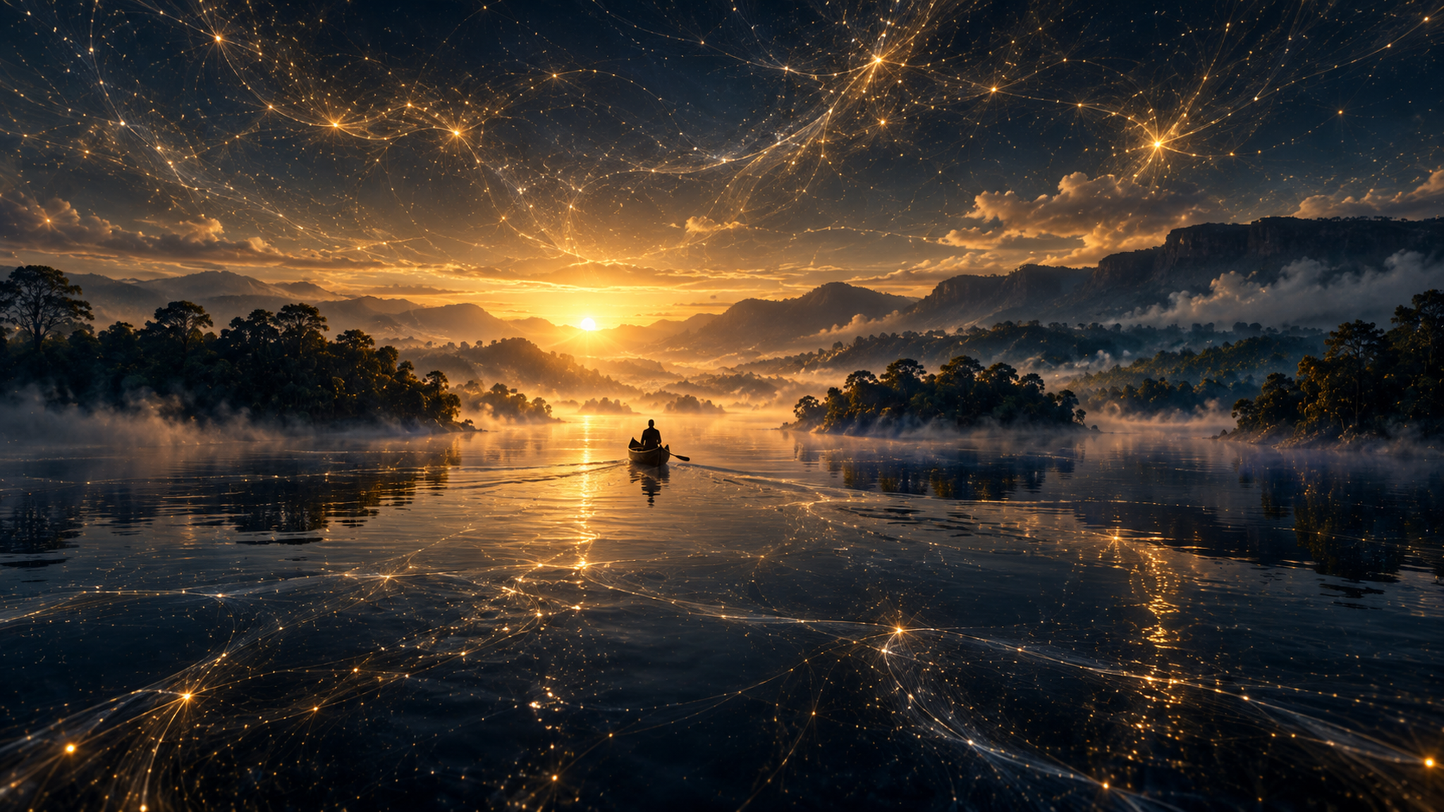A lone canoe crossing calm water toward a glowing horizon