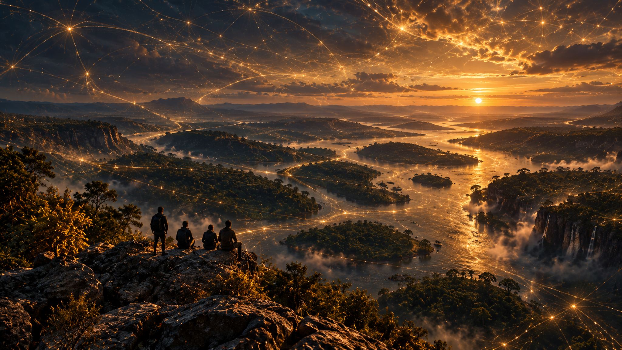 People overlooking a vast river valley at sunset