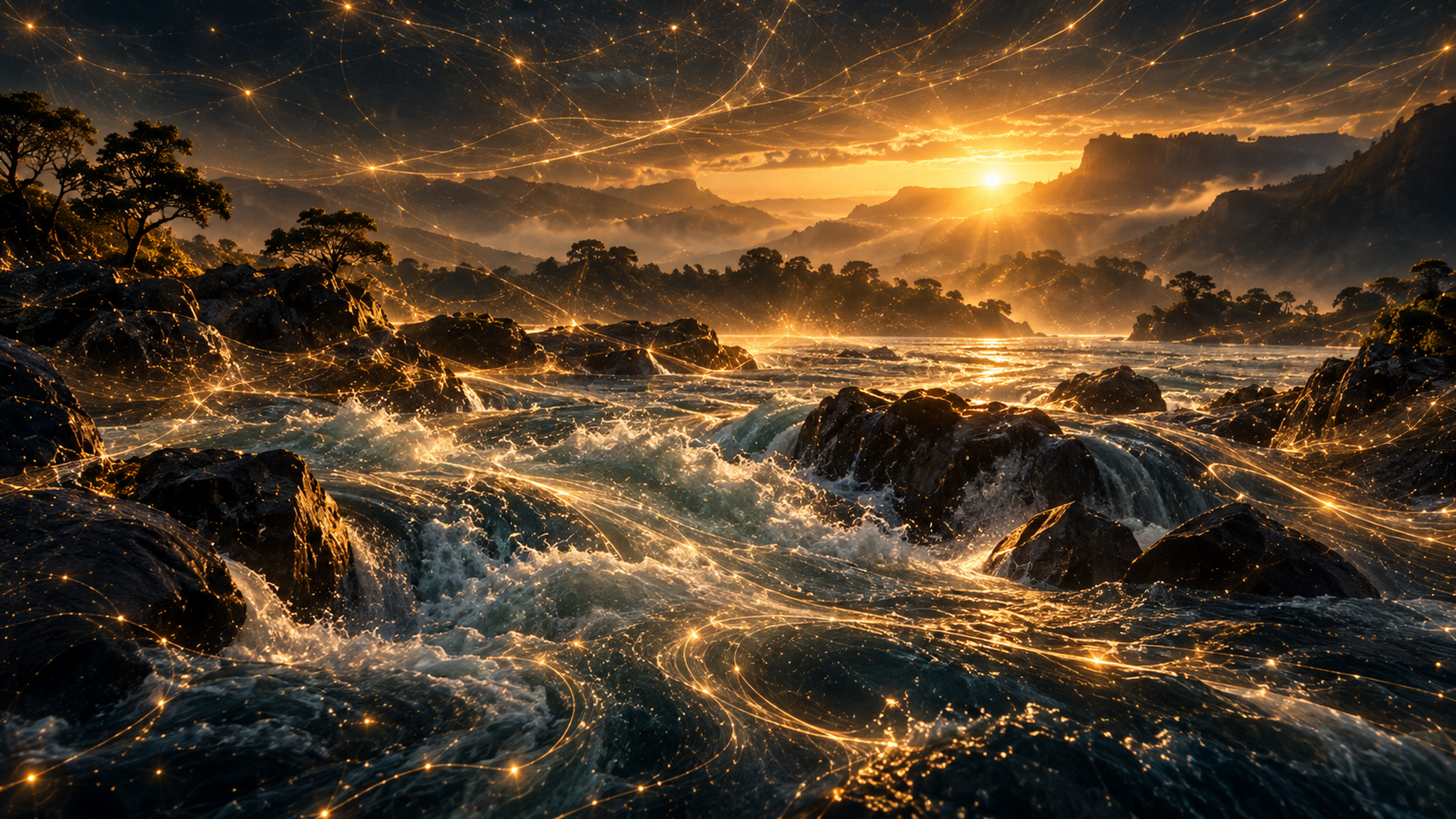Golden light over a fast-flowing river and rocks